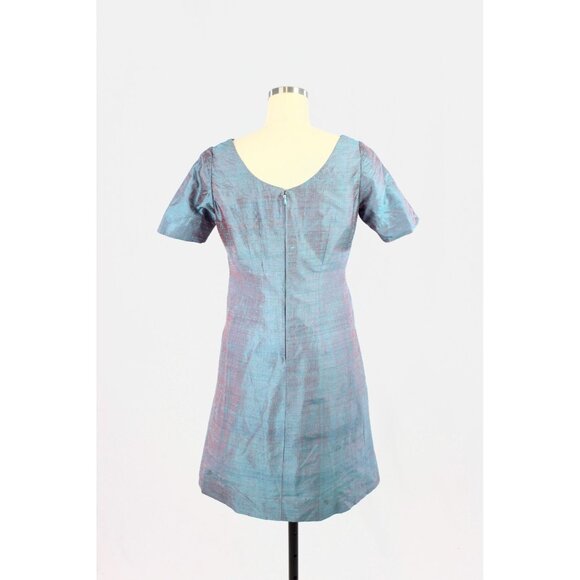 Vintage 60's Unbranded Iridescent Blue Teal Dupioni Silk A-Line Dress, Size S - Picture 3 of 11